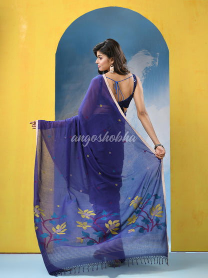 Blue Cotton Handloom Jamdani Saree