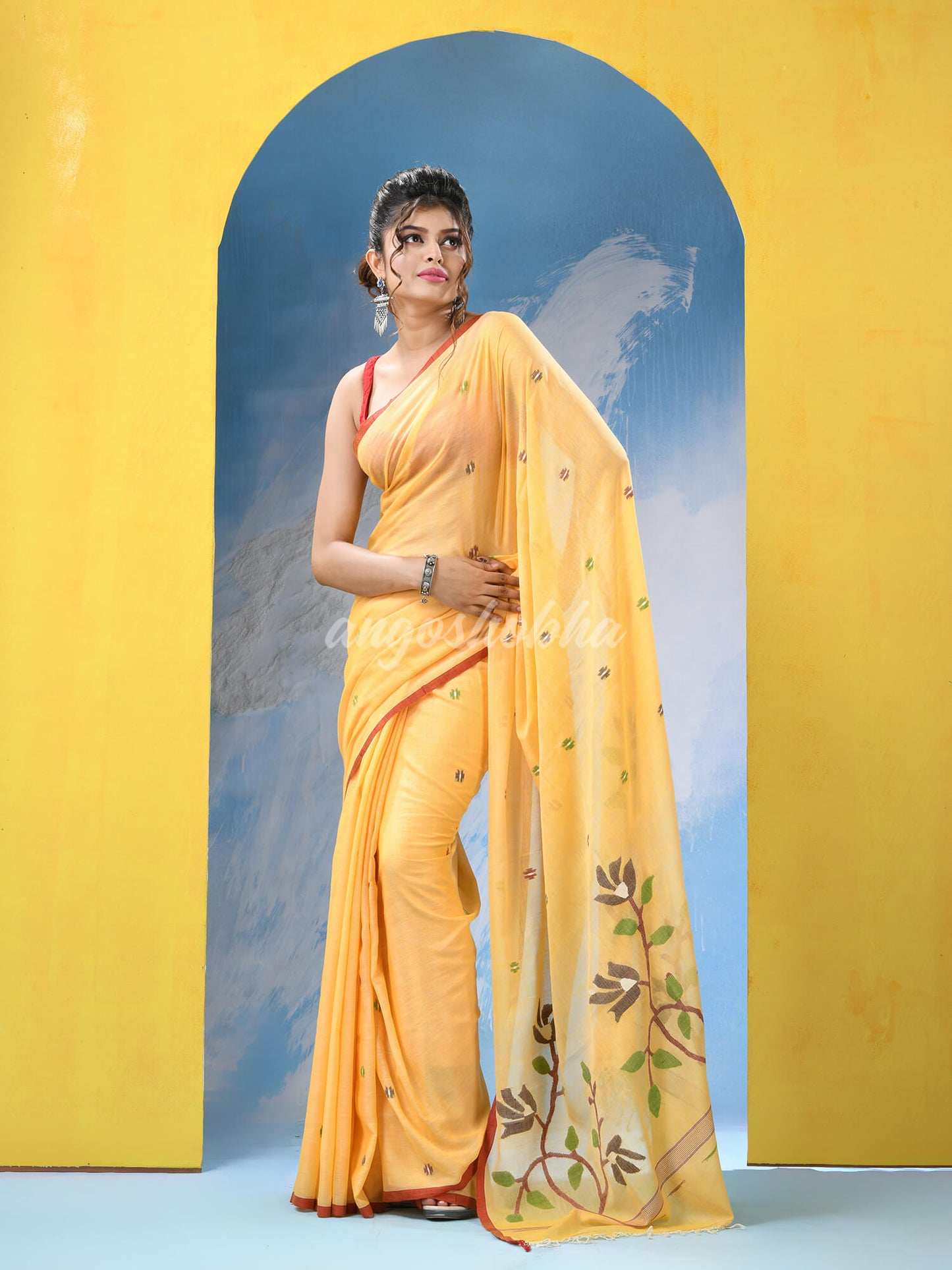 Blonde Yellow Cotton Handloom Jamdani Saree