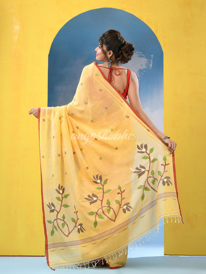 Blonde Yellow Cotton Handloom Jamdani Saree