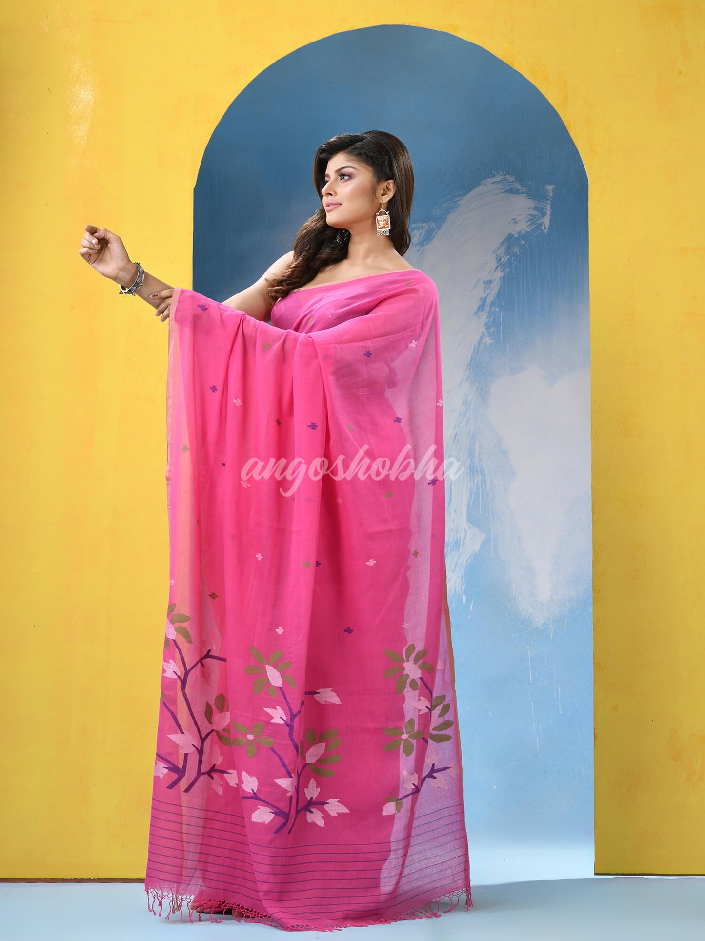 Hot Pink Cotton Handloom Jamdani Saree