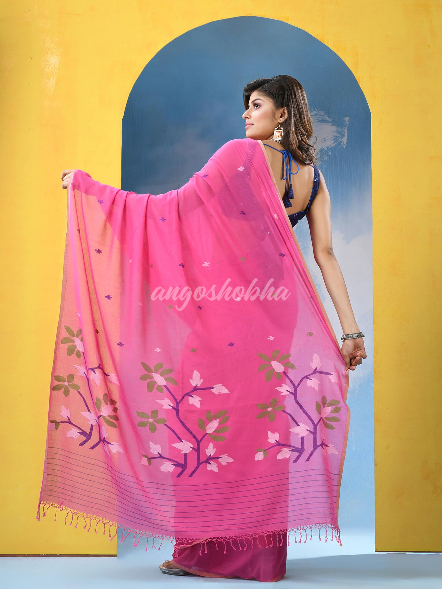 Hot Pink Cotton Handloom Jamdani Saree