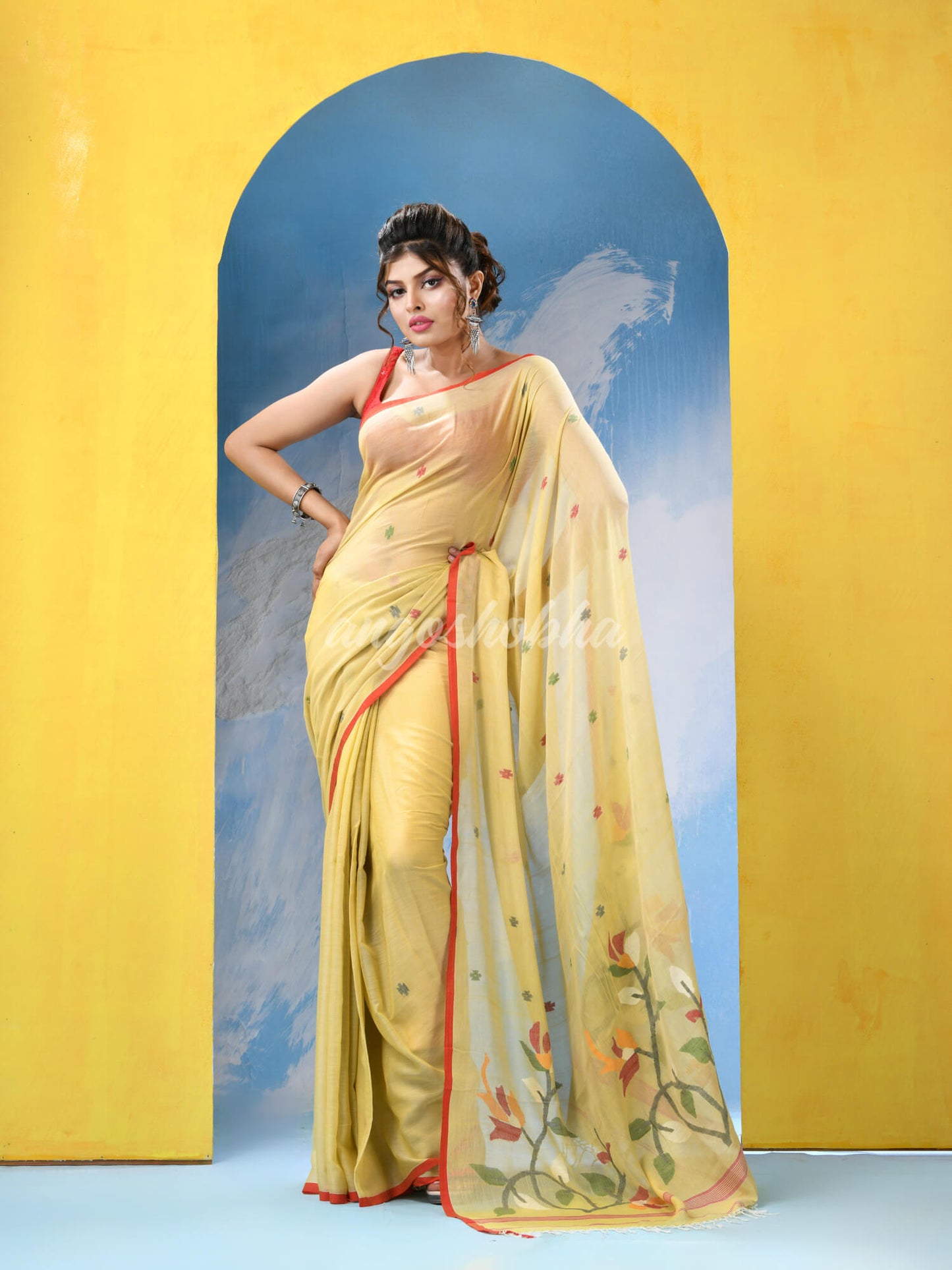 Crayola Yellow Cotton Handloom Jamdani Saree