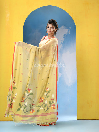 Crayola Yellow Cotton Handloom Jamdani Saree