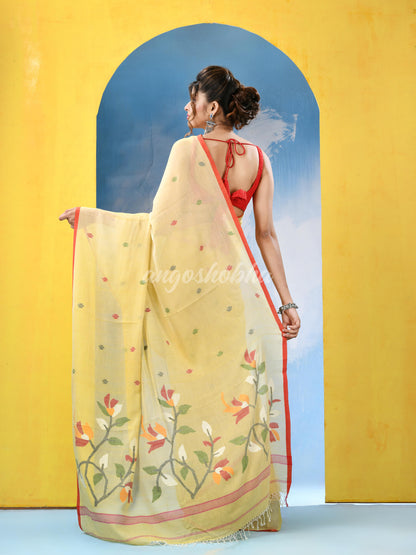 Crayola Yellow Cotton Handloom Jamdani Saree