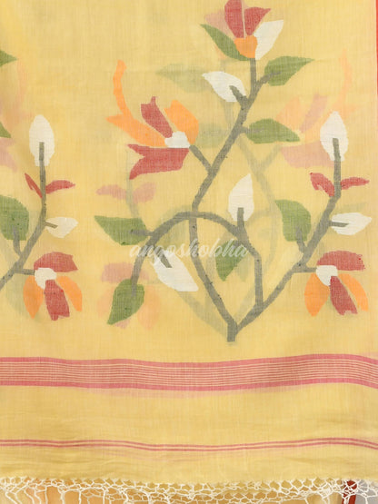 Crayola Yellow Cotton Handloom Jamdani Saree