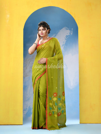 Olive Green Cotton Handloom Jamdani Saree