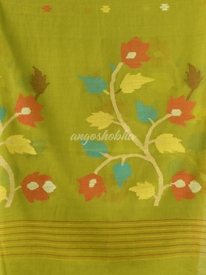 Olive Green Cotton Handloom Jamdani Saree