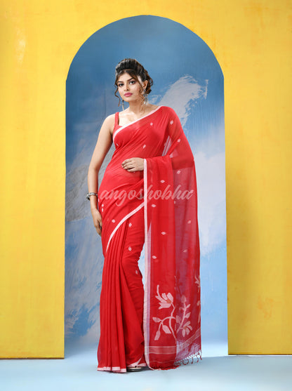 Red Cotton Handloom Jamdani Saree