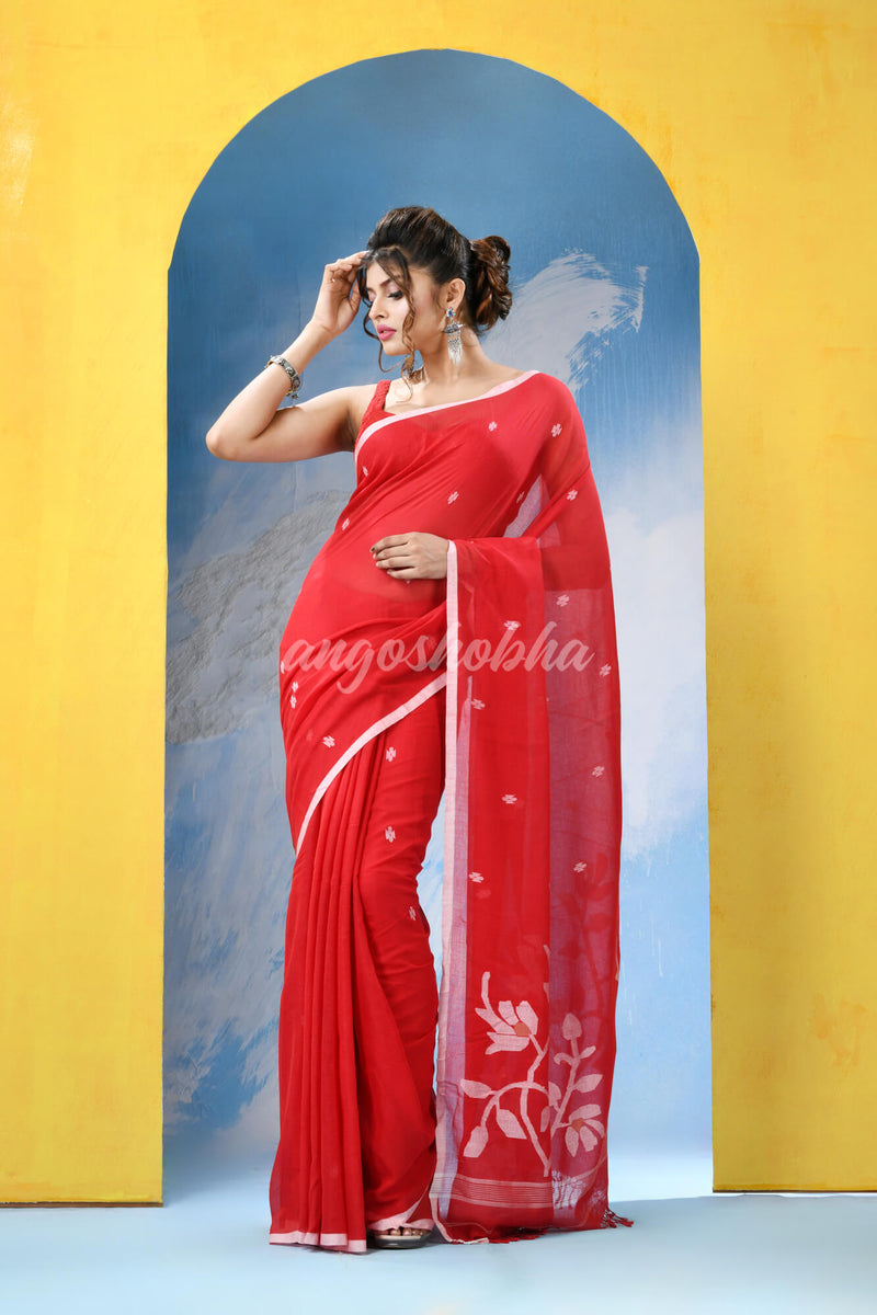 Red Cotton Handloom Jamdani Saree
