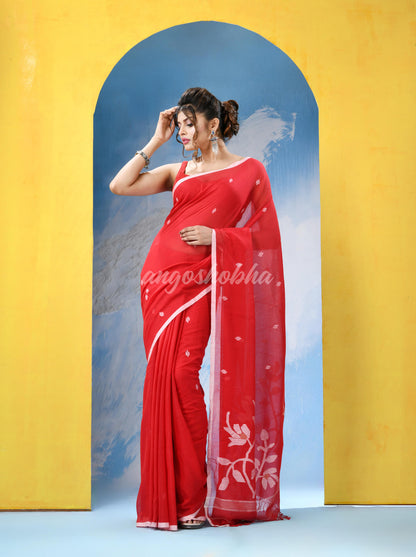 Red Cotton Handloom Jamdani Saree