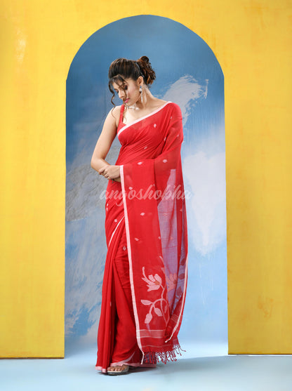 Red Cotton Handloom Jamdani Saree