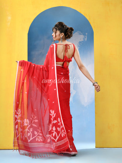 Red Cotton Handloom Jamdani Saree