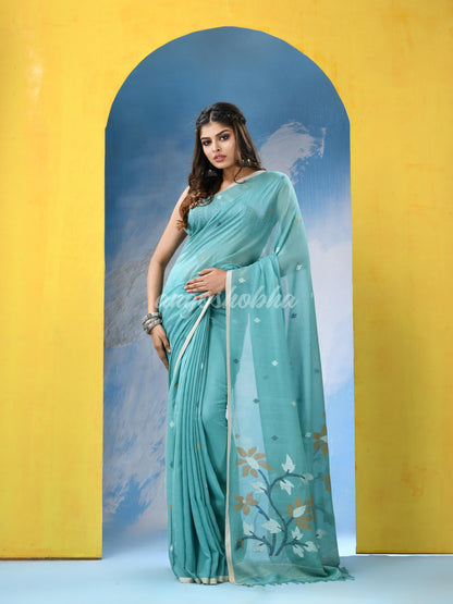 Sky Blue Cotton Handloom Jamdani Saree