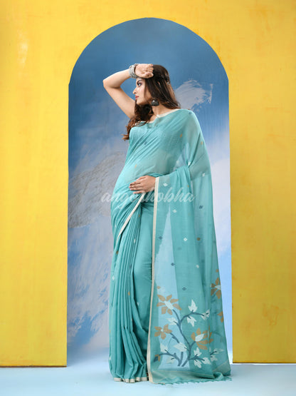 Sky Blue Cotton Handloom Jamdani Saree