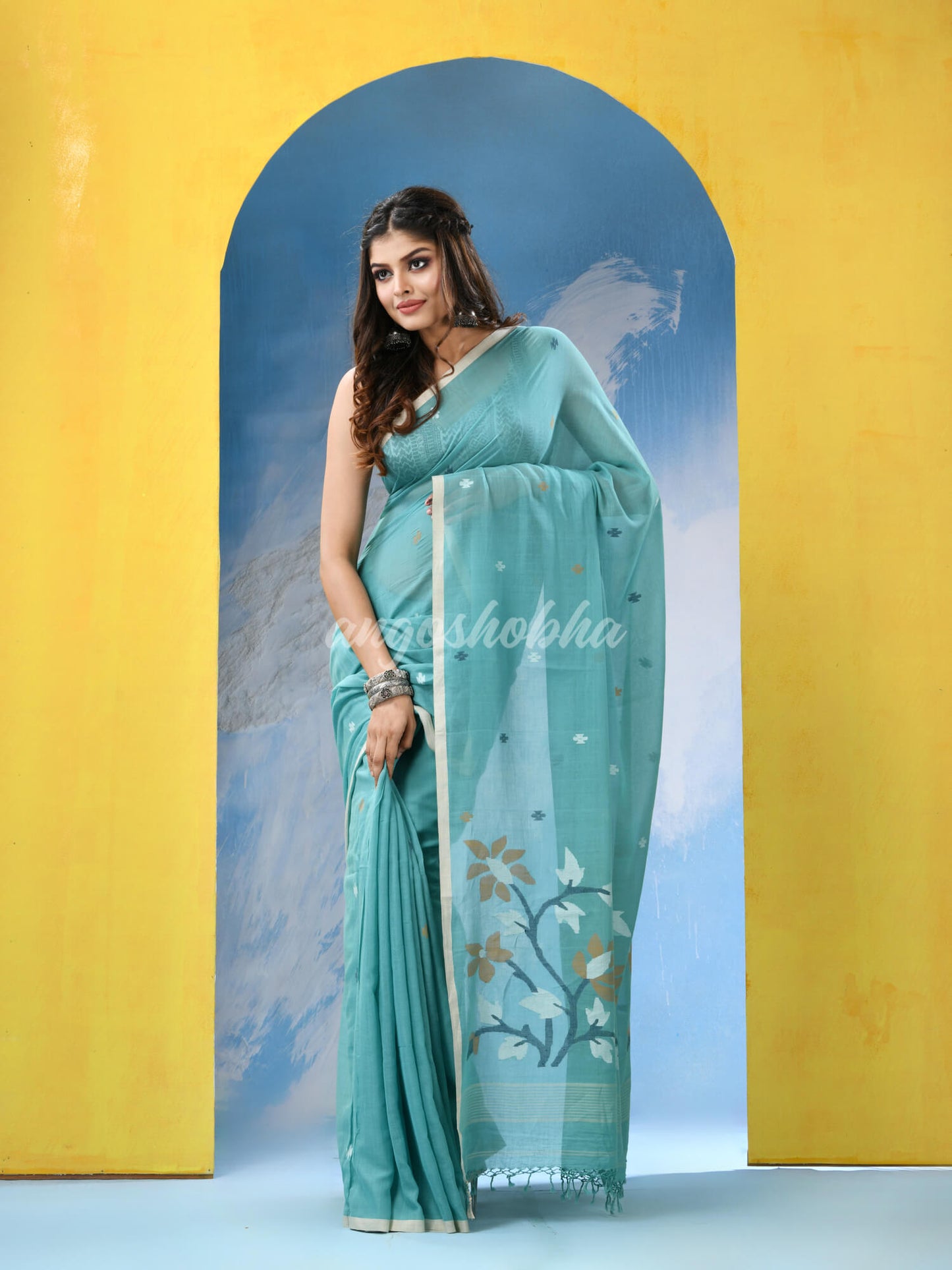 Sky Blue Cotton Handloom Jamdani Saree