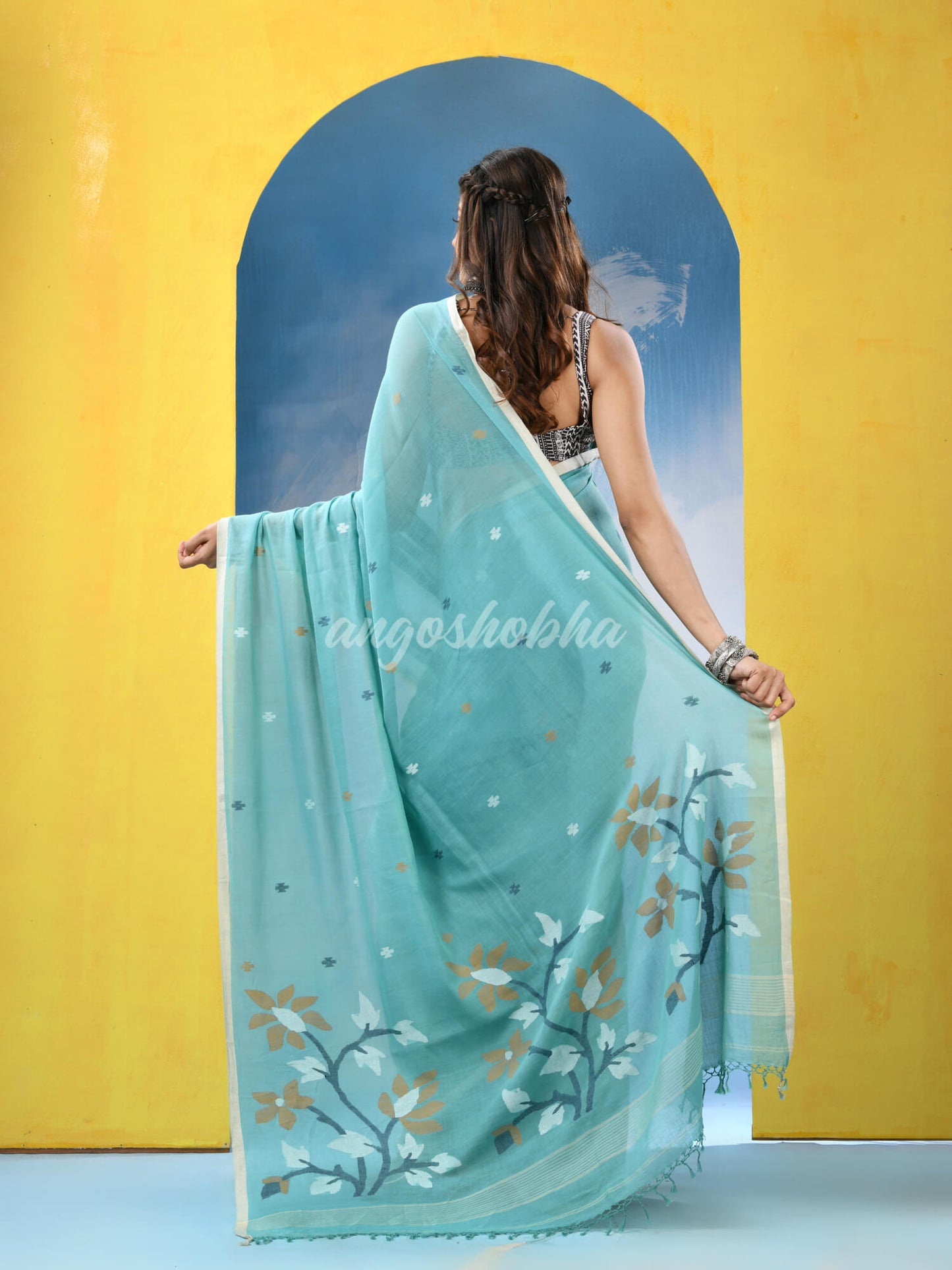 Sky Blue Cotton Handloom Jamdani Saree