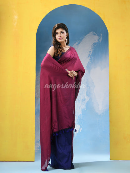 Magenta Blue Cotton Molmol Handloom Saree