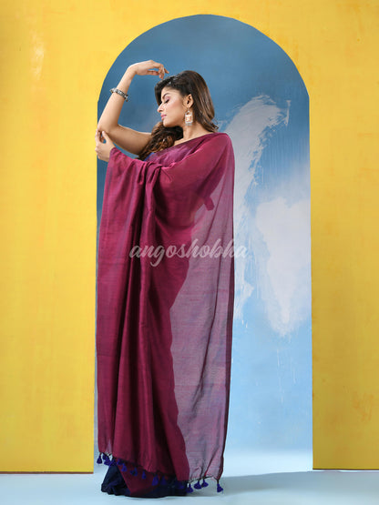 Magenta Blue Cotton Molmol Handloom Saree