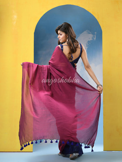 Magenta Blue Cotton Molmol Handloom Saree