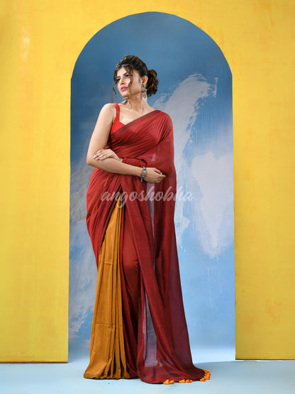 Maroon Yellow Cotton Molmol Handloom Saree