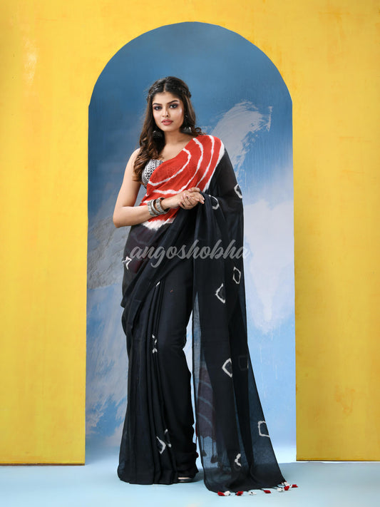 Black Cotton Tie Die Handloom Saree