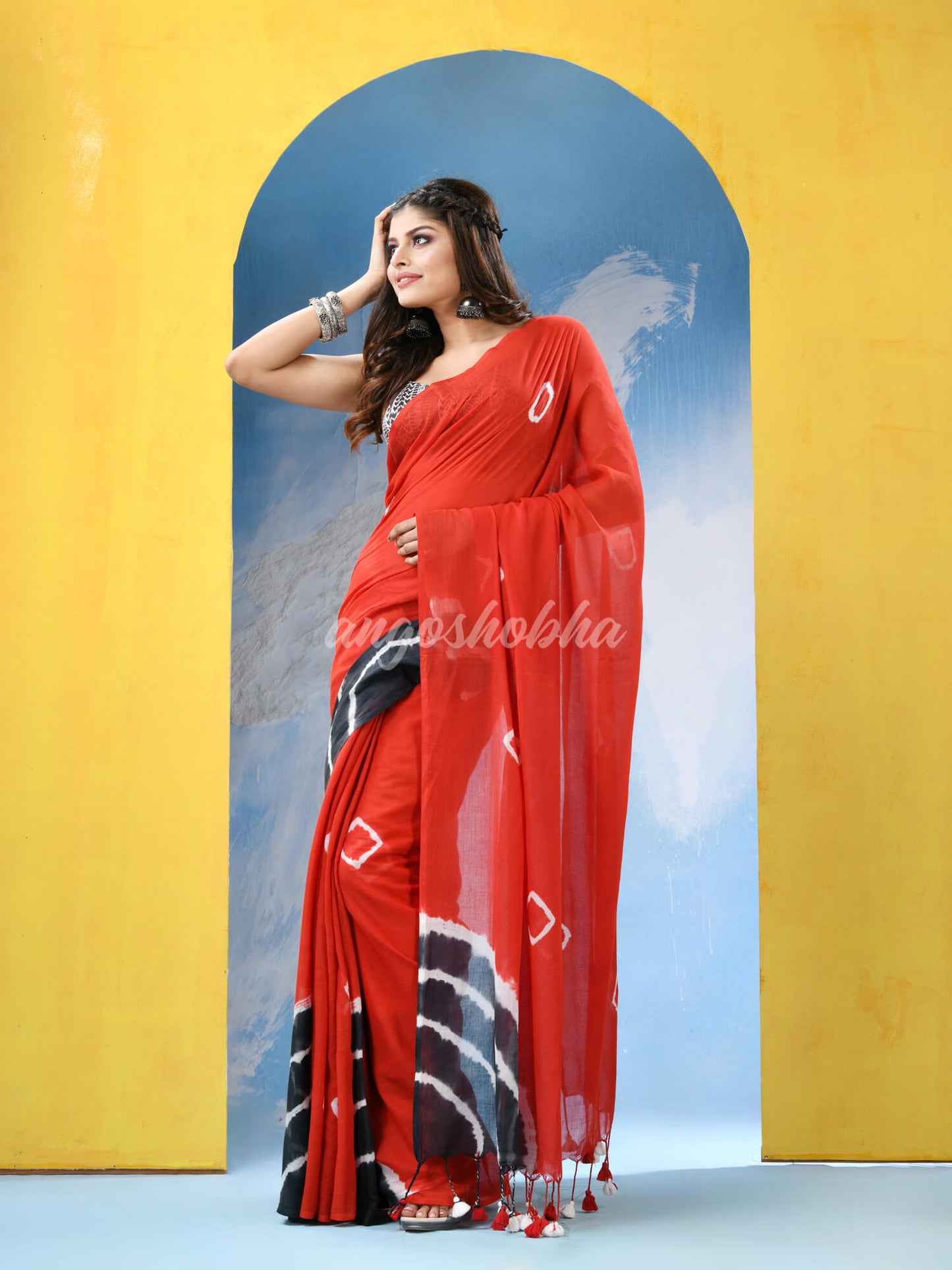 Red Cotton Tie Die Handloom Saree