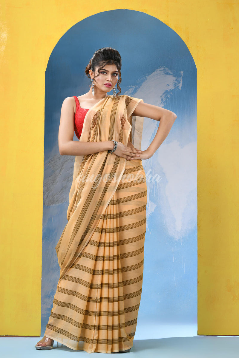 Light Orange Cotton Check Handloom Saree