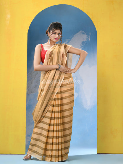 Light Orange Cotton Check Handloom Saree