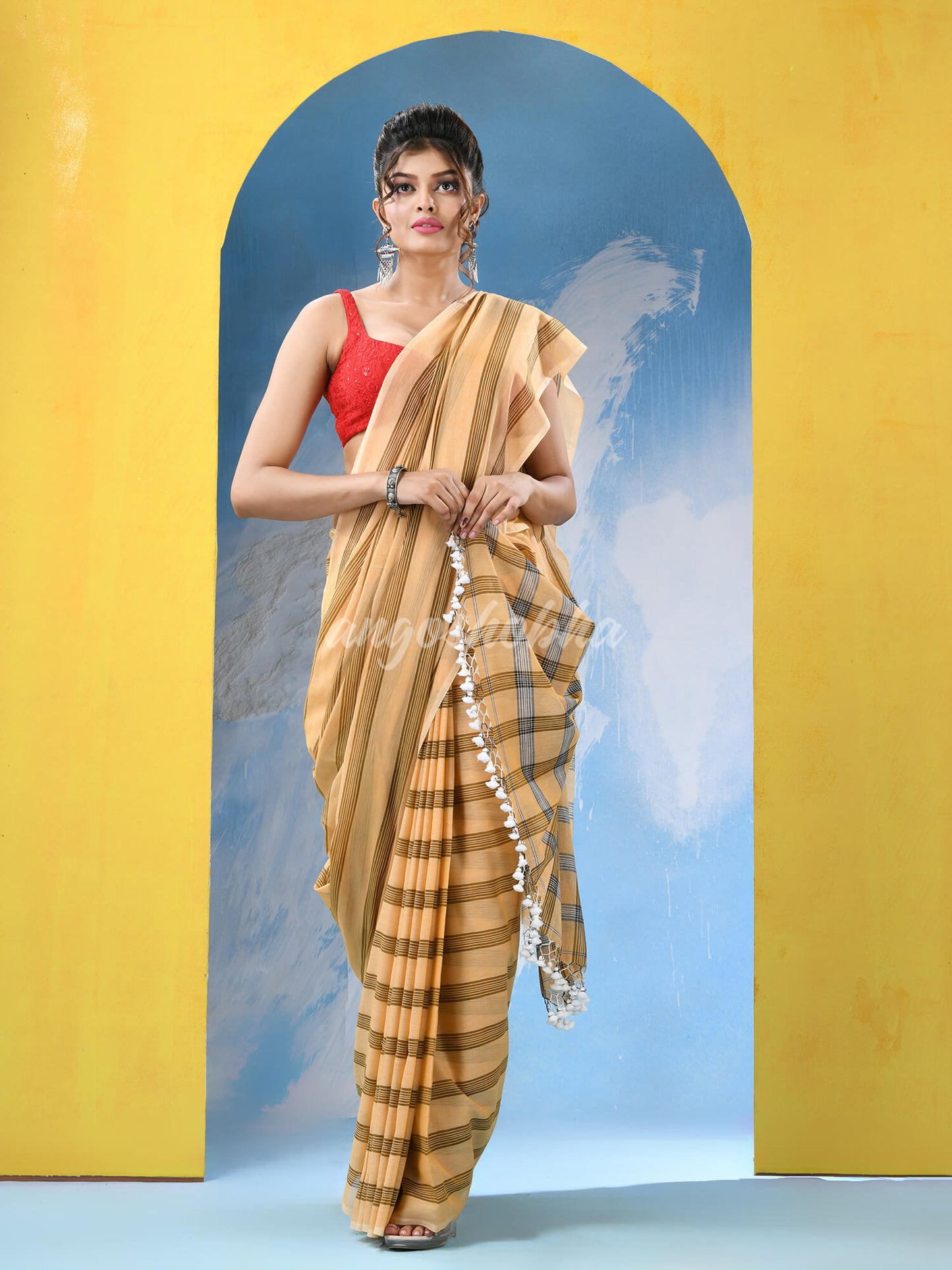 Light Orange Cotton Check Handloom Saree