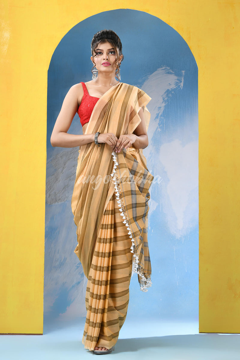 Light Orange Cotton Check Handloom Saree