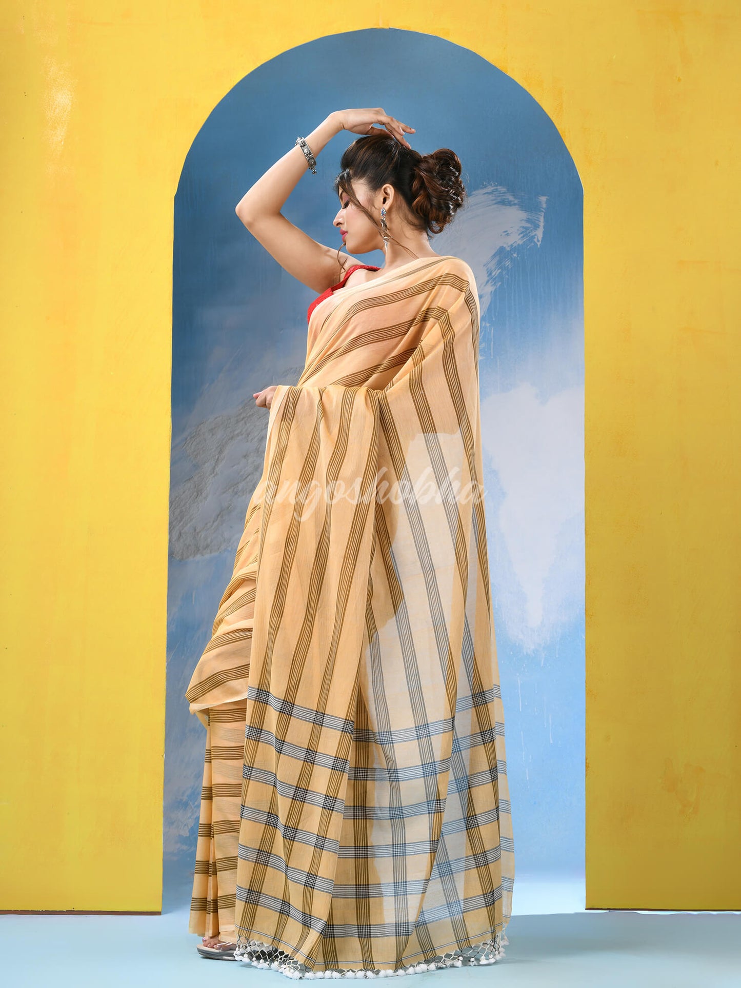 Light Orange Cotton Check Handloom Saree