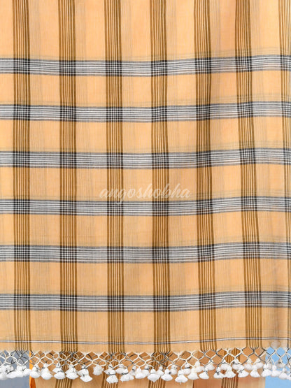 Light Orange Cotton Check Handloom Saree