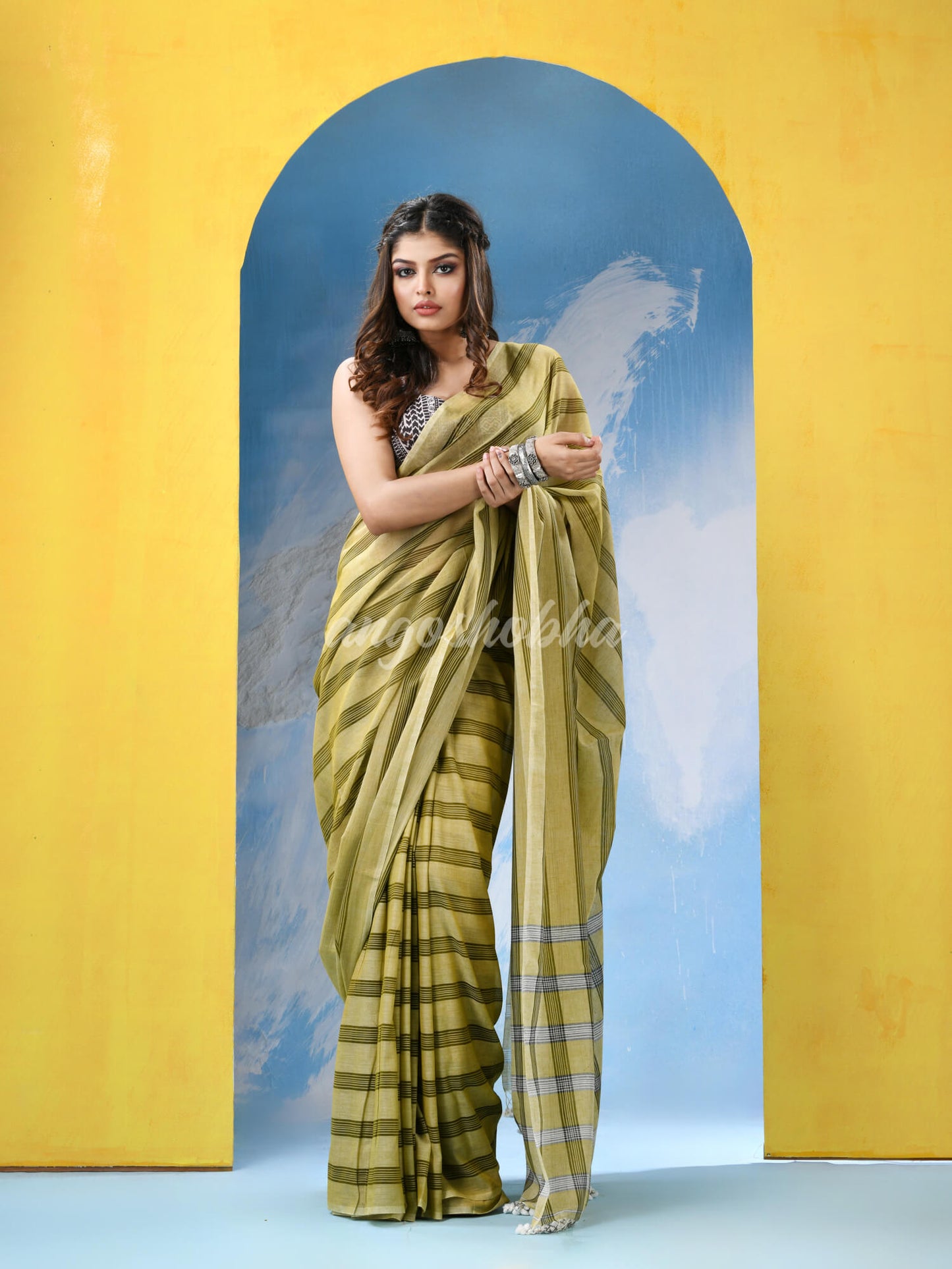 Sage Green Cotton Check Handloom Saree