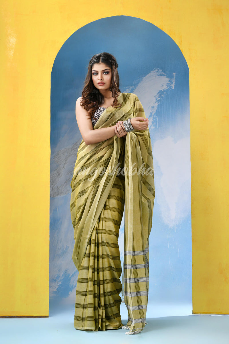 Sage Green Cotton Check Handloom Saree