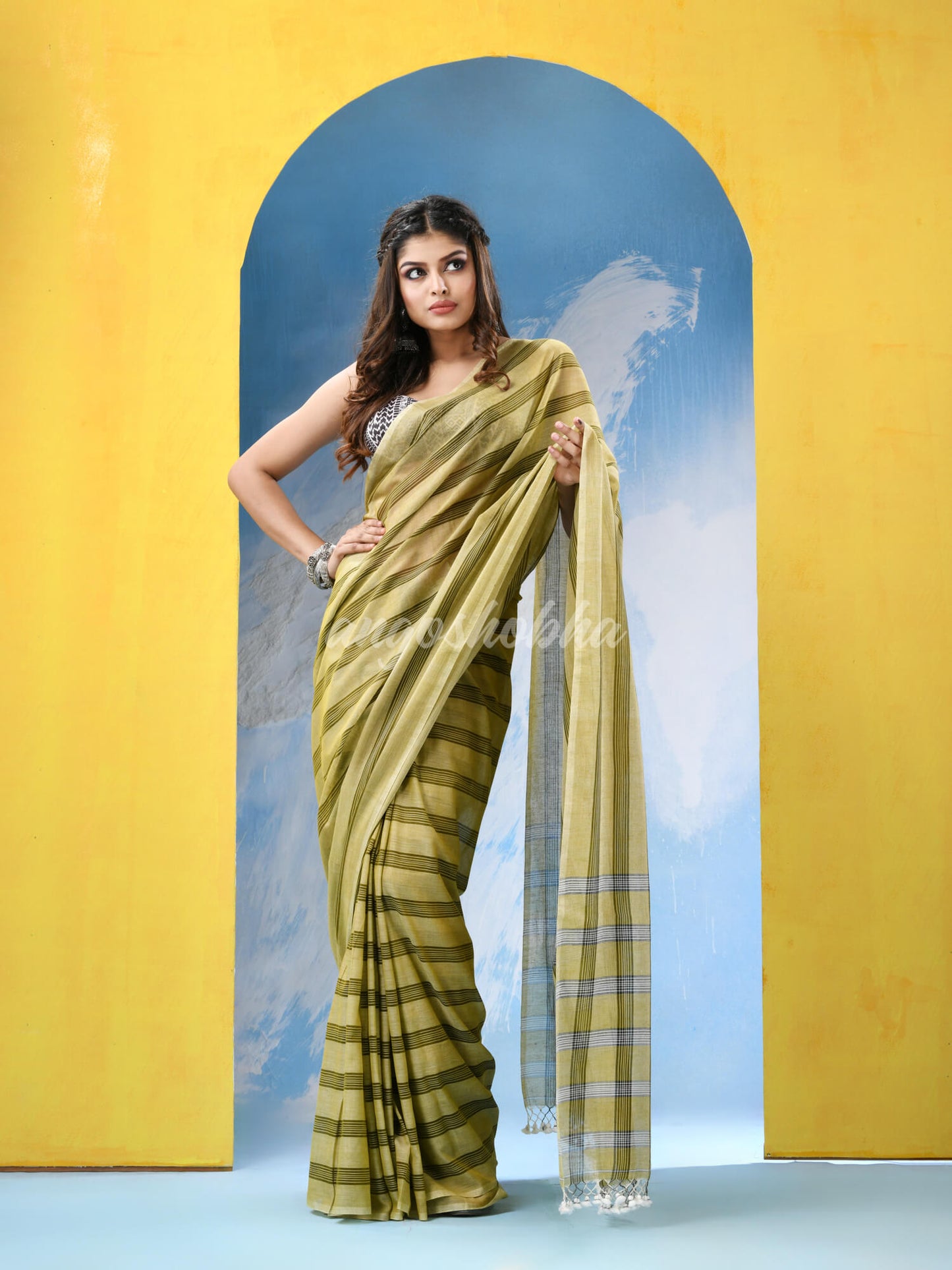 Sage Green Cotton Check Handloom Saree