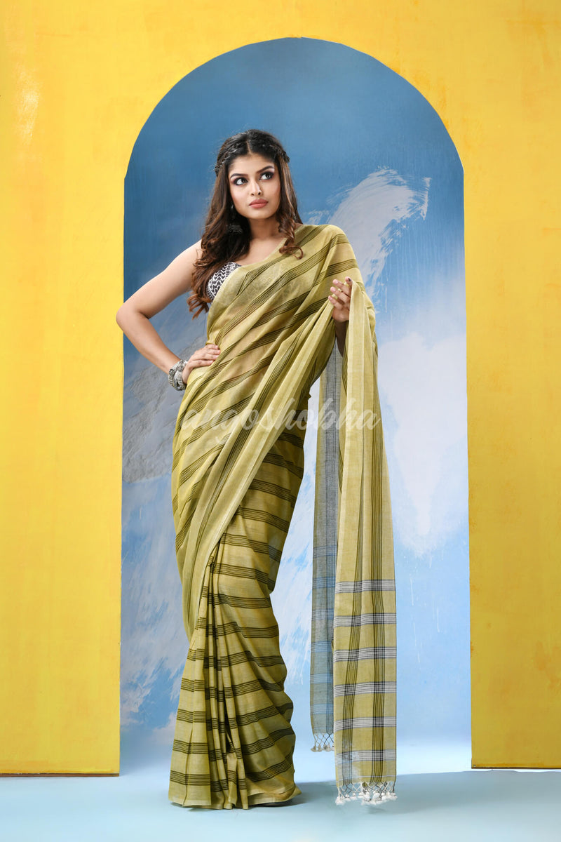 Sage Green Cotton Check Handloom Saree