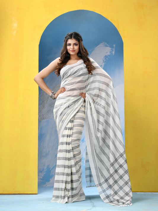 White Cotton Check Handloom Saree