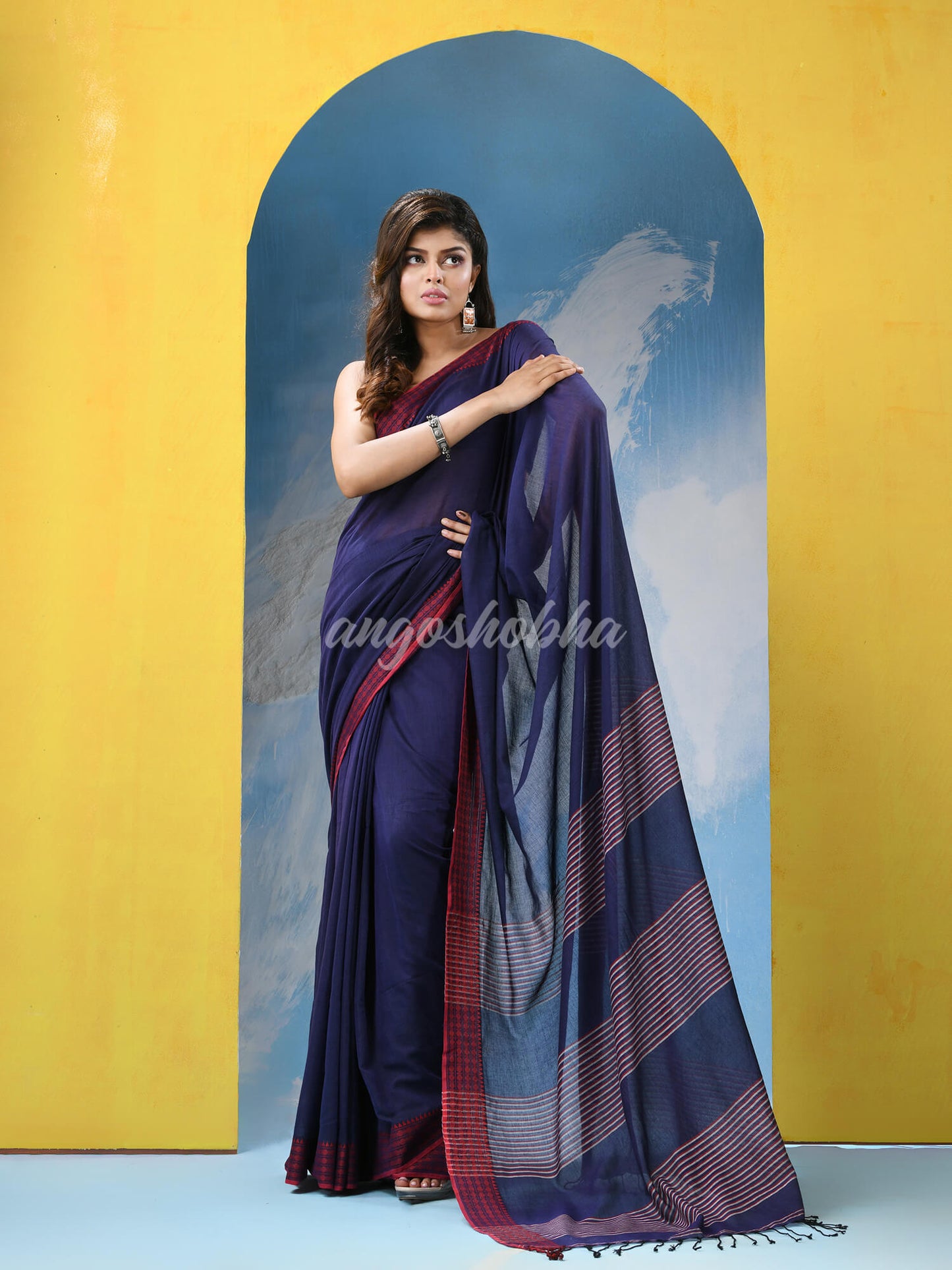 Blue Cotton Pallu Stripe Handloom Saree