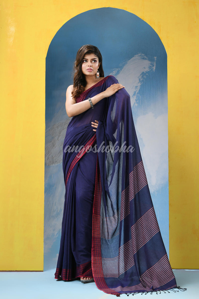 Blue Cotton Pallu Stripe Handloom Saree