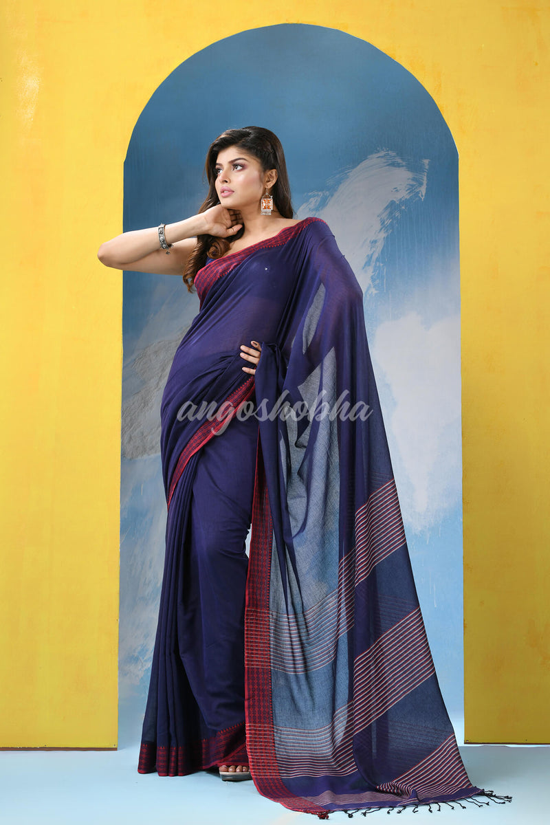 Blue Cotton Pallu Stripe Handloom Saree