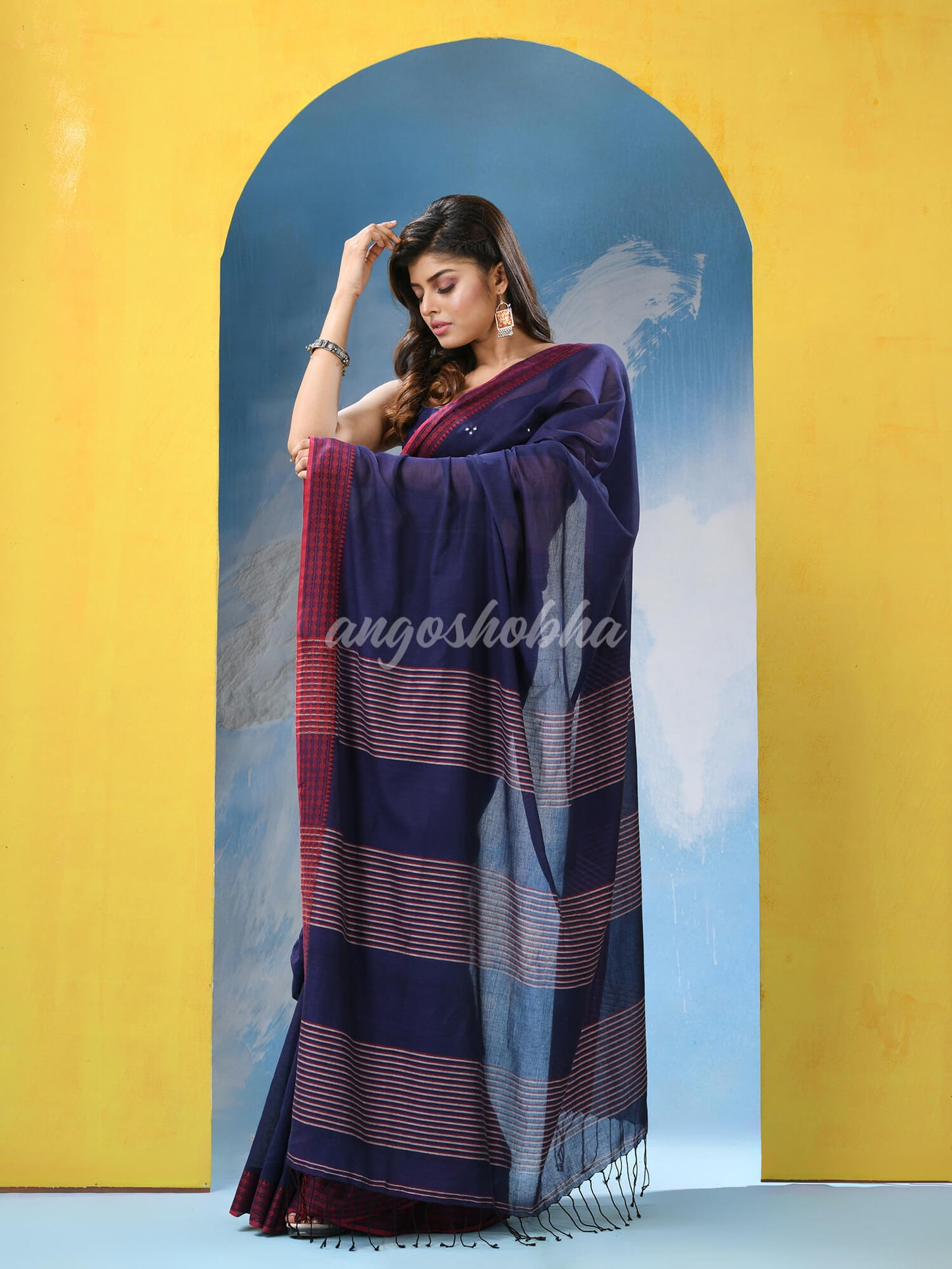 Blue Cotton Pallu Stripe Handloom Saree