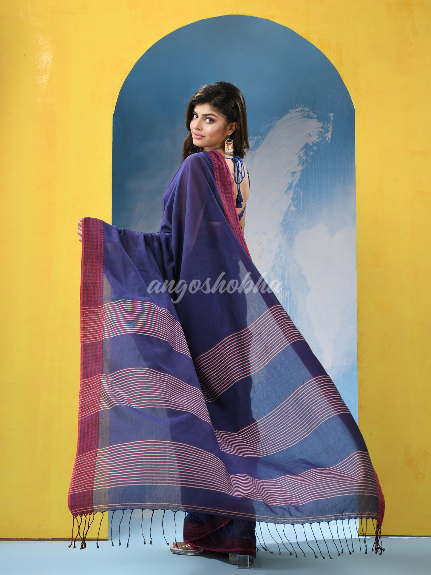 Blue Cotton Pallu Stripe Handloom Saree