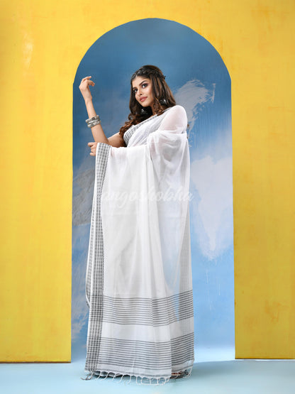 White Cotton Pallu Stripe Handloom Saree