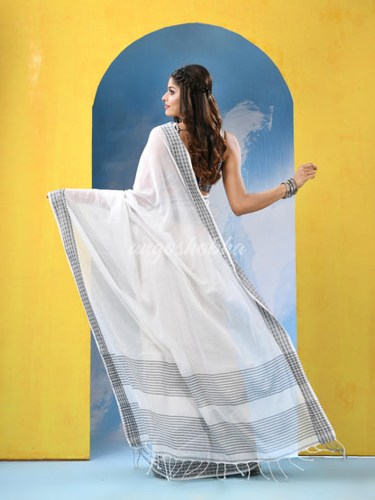 White Cotton Pallu Stripe Handloom Saree