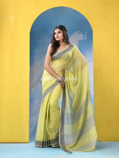 Light Khaki Yellow Cotton Pallu Stripe Handloom Saree