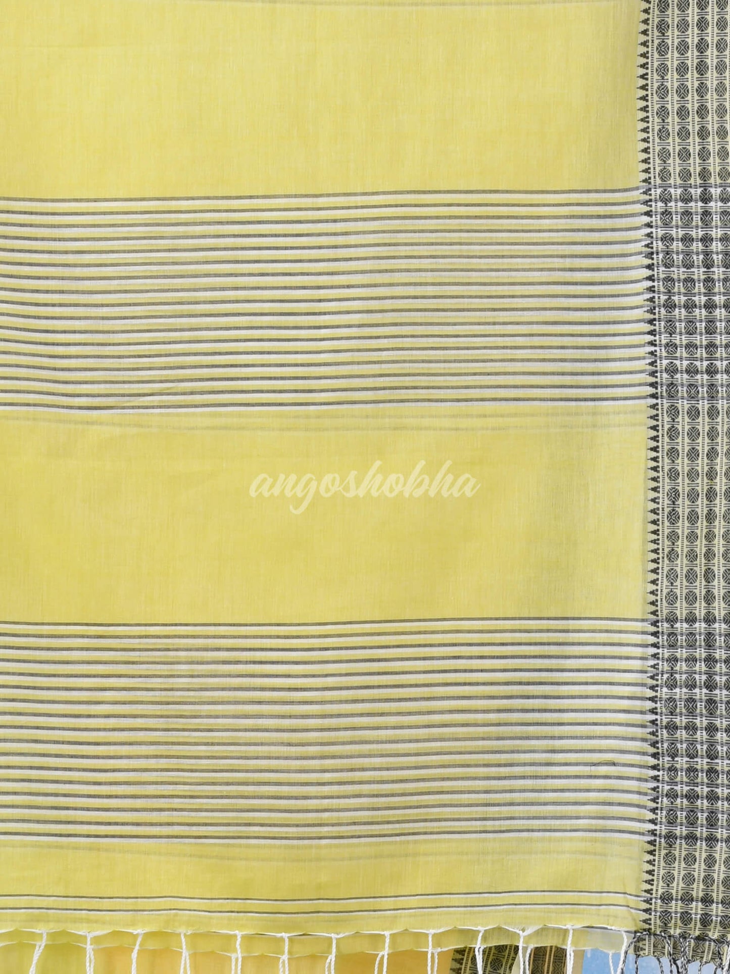 Light Khaki Yellow Cotton Pallu Stripe Handloom Saree