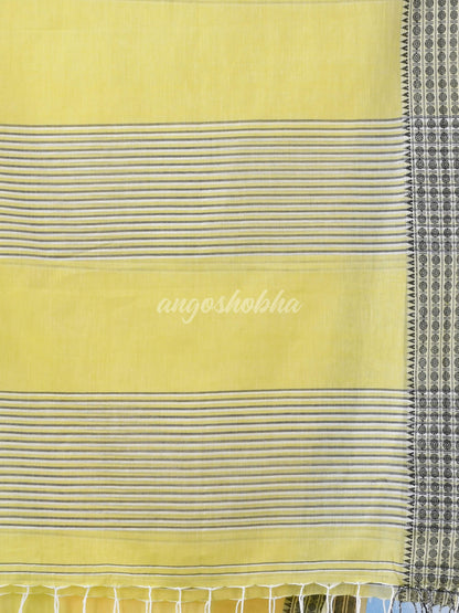 Light Khaki Yellow Cotton Pallu Stripe Handloom Saree