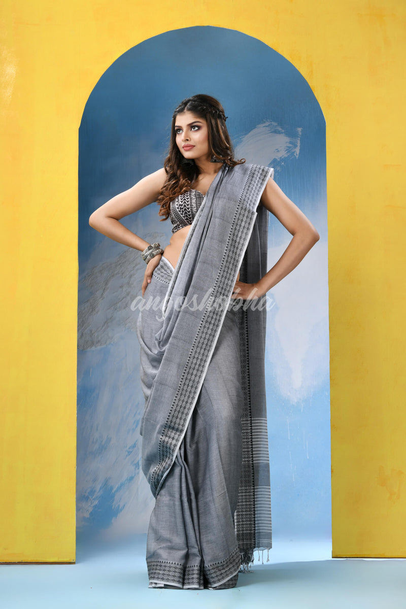 Grey Cotton Pallu Stripe Handloom Saree