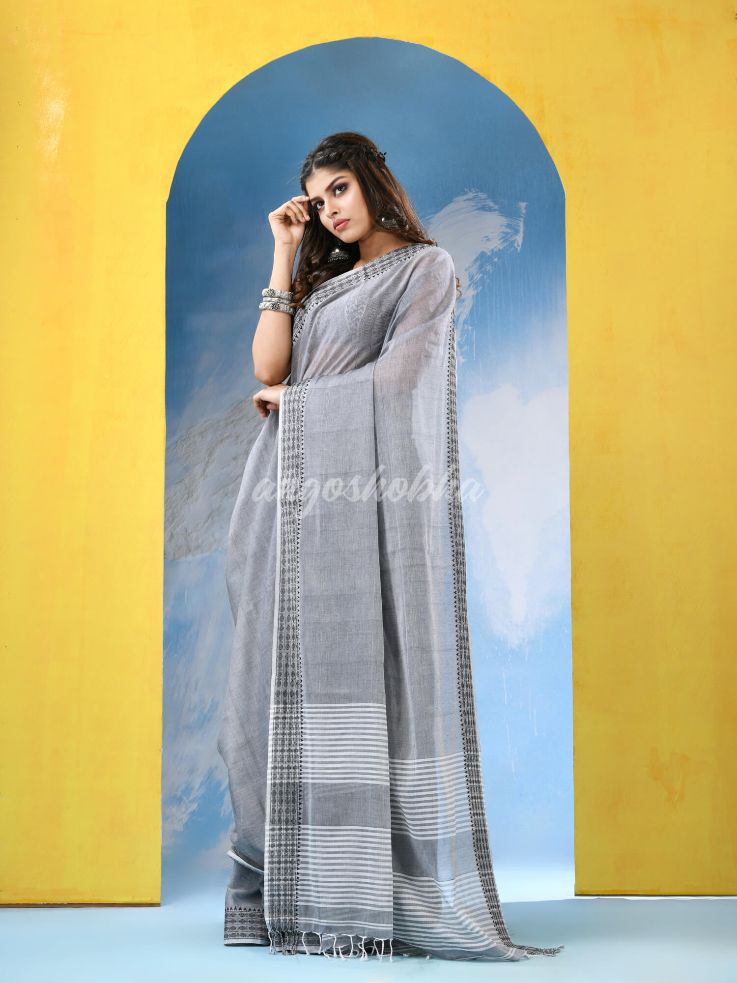 Grey Cotton Pallu Stripe Handloom Saree