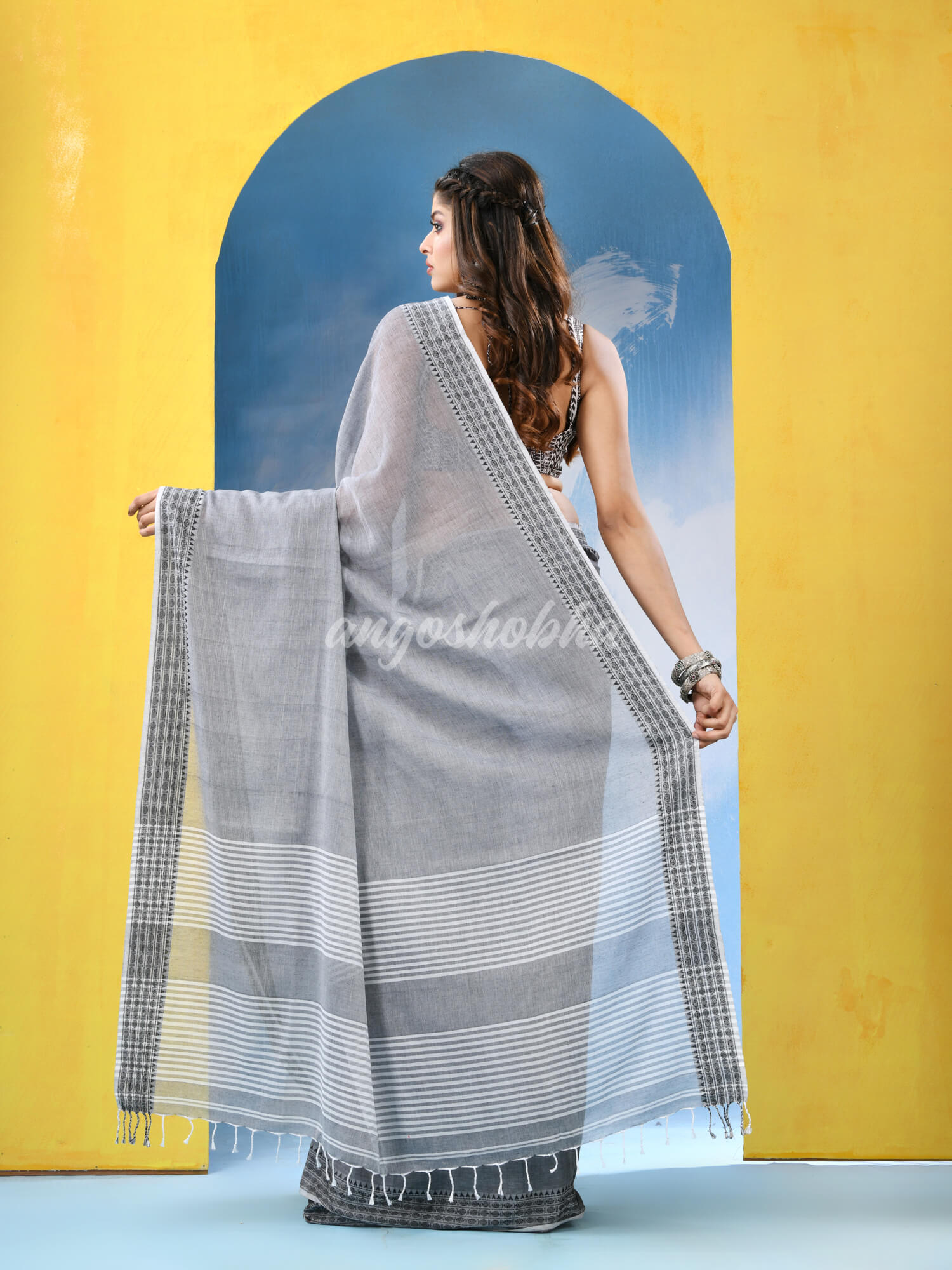 Grey Cotton Pallu Stripe Handloom Saree